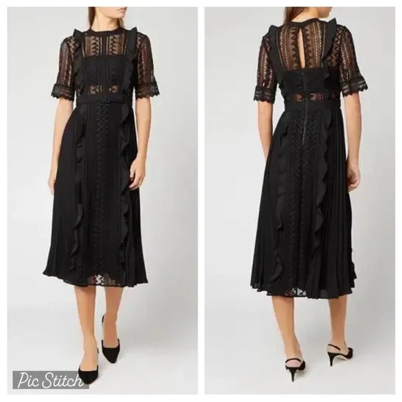 Self Portrait Black Geometric Lace Midi Dress Quarter Sleeve US Sz 4 - Picture 1 of 8